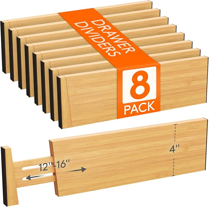 Lifewit 4" High 8 Pack Bamboo Drawer Dividers 31-40cm/12-16 Adjustable Wooden by Lifewit