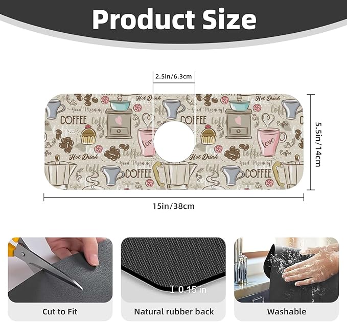 Coffee Time Vintage Espresso Machine Cupcakes Beans Kitchen Sink Splash Guard - Image 2