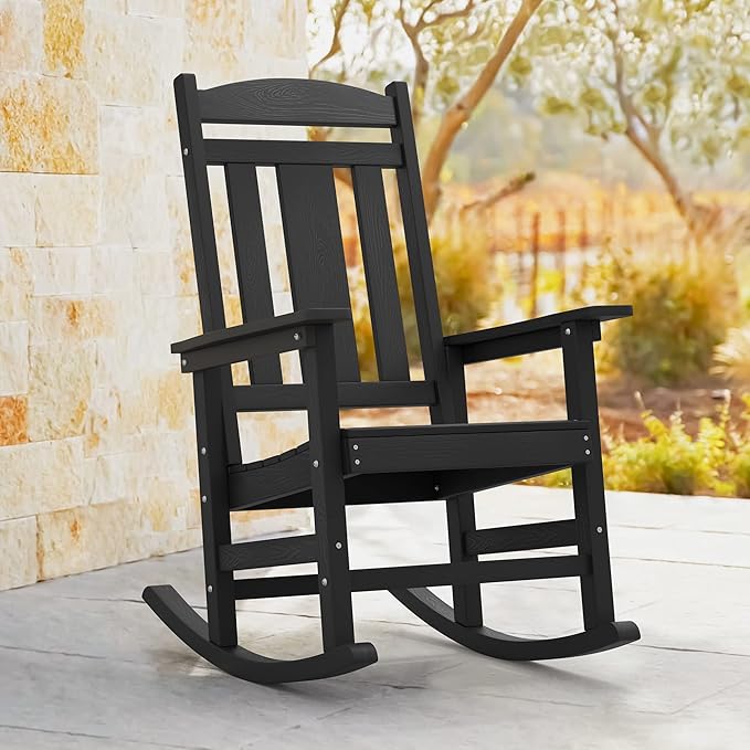 LUE BONA Rocking Chair Outdoor, Weather Resistant Poly Plastic Rocker Chairs, 350lb Heavy Duty, Oversized Porch for Adult, High Back Smooth Chairs Outdoor & Indoor, Black - Image 3