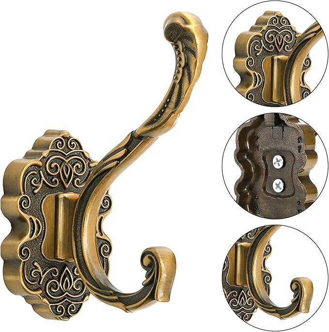 Peohud 4 Pack Vintage Coat Hooks, Antique Brass Wall Hook - Image 3