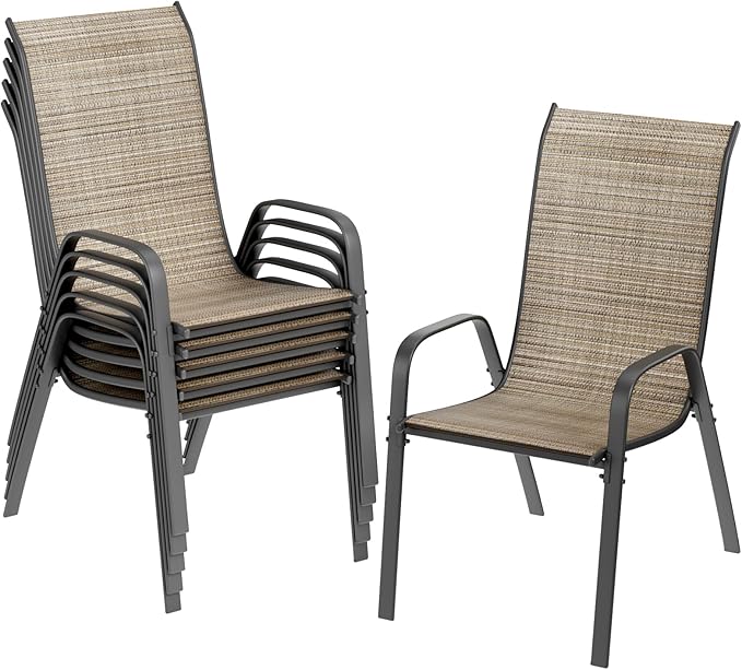 TLSUNNY Patio Chairs, Stackable Textilene Outdoor Dining Furniture for All Weather, with 17.7″ Wide Seat & Metal Frame, for Garden, Backyard, Deck, Restaurant, Poolside (6, Brown, 26.4″) by TLSUNNY
