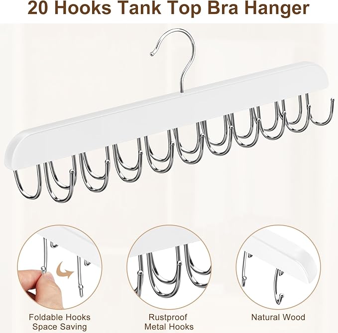 Bra Hanger for Closet, Tank Top Hanger 20 Hooks Capacity Foldable Wood Space - Image 4