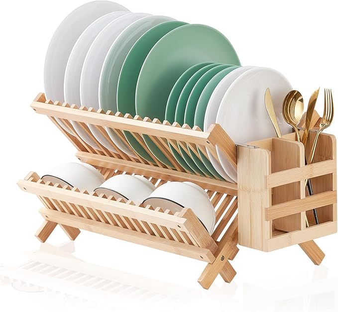 Bamboo Dish Drying Rack, 2 Tier Collapsible Dish Rack - Image 9