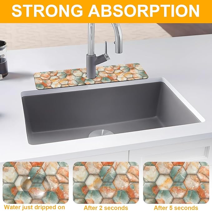 2 Pack Hexagon Marble Sink Splash Guard Faucet Mat Gold Glitter Lines Marble - Image 5