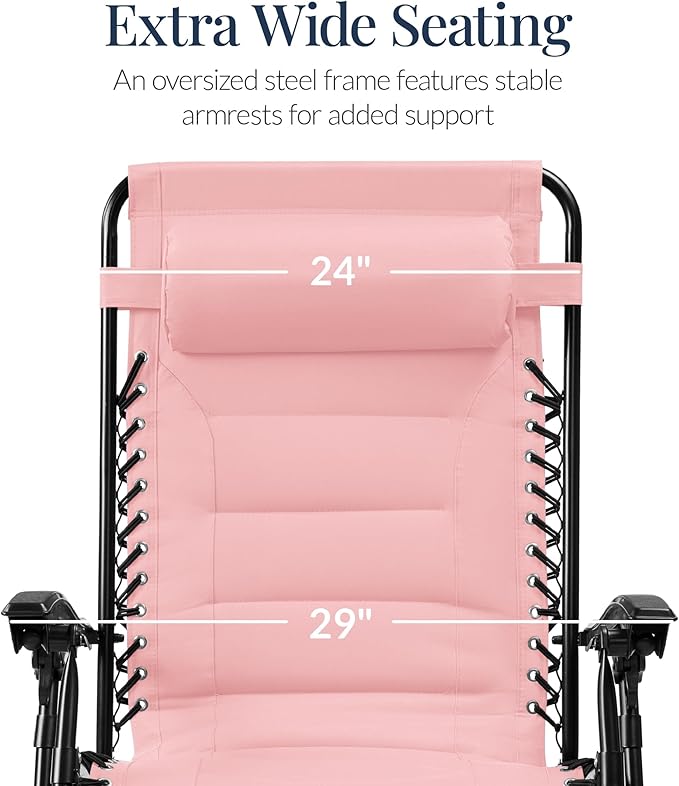 Best Choice Products Oversized Padded Zero Gravity Chair, Folding Outdoor Patio Recliner, XL Anti Gravity Lounger for Backyard w/Headrest, Cup Holder, Side Tray, Polyester Mesh - Bubblegum Pink - Image 3