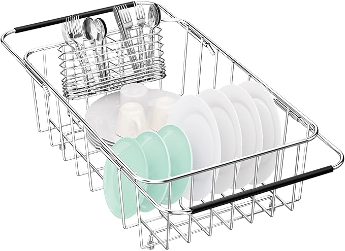 Small Dish Drainer Rack in Sink Adjustable, Expandable Stainless Steel Metal by Fanbsy