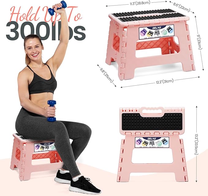 Delxo Folding Step Stool 9 Inch,Non-Slip Foldable Stools for Kids & Adults Up to 300 LBS,Kitchen Collapsible Fold Up Stepping Stool with Dotted 1 Pack,Pink - Image 3