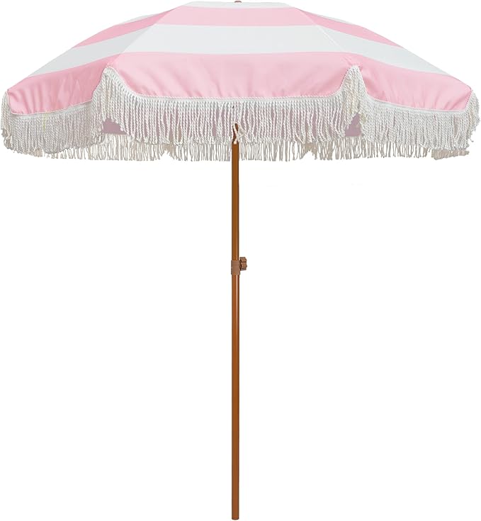 AMMSUN 7ft Patio Umbrella with Fringe Outdoor Tassel Umbrella UPF50+ Premium Steel Pole and Ribs Push Button Tilt, Riviera Pink Stripe by AMMSUN