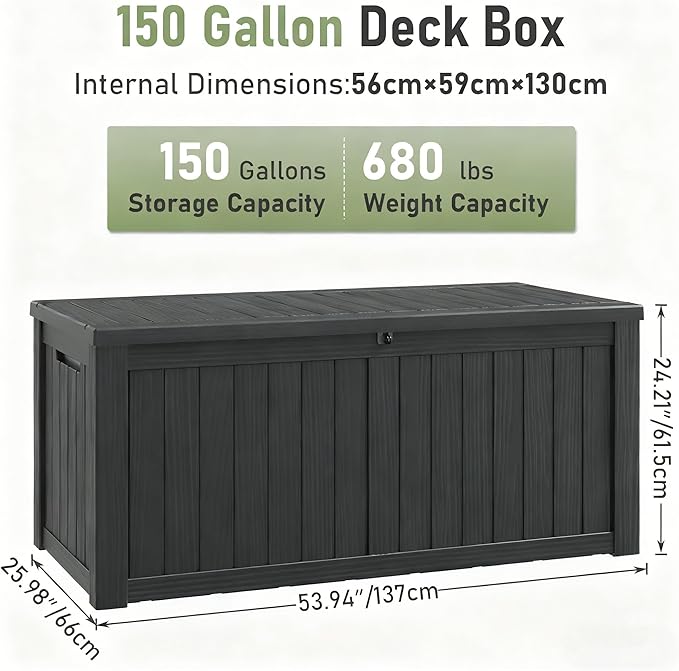 Outdoor Storage Box, Resin Deck Boxes Indoor and outdoor, Waterproof Storage Box Lockable Lid (Black,150 Gallon) - Image 2