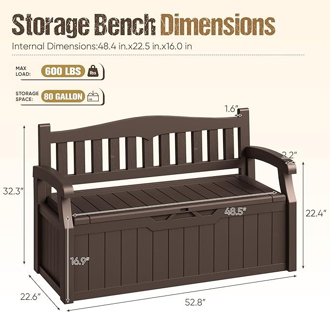 80-Gallon Outdoor Storage Bench, Waterproof Deck Box with Lockable Lid & Armrests for Patio, Garden, Pool, Brown - Image 3