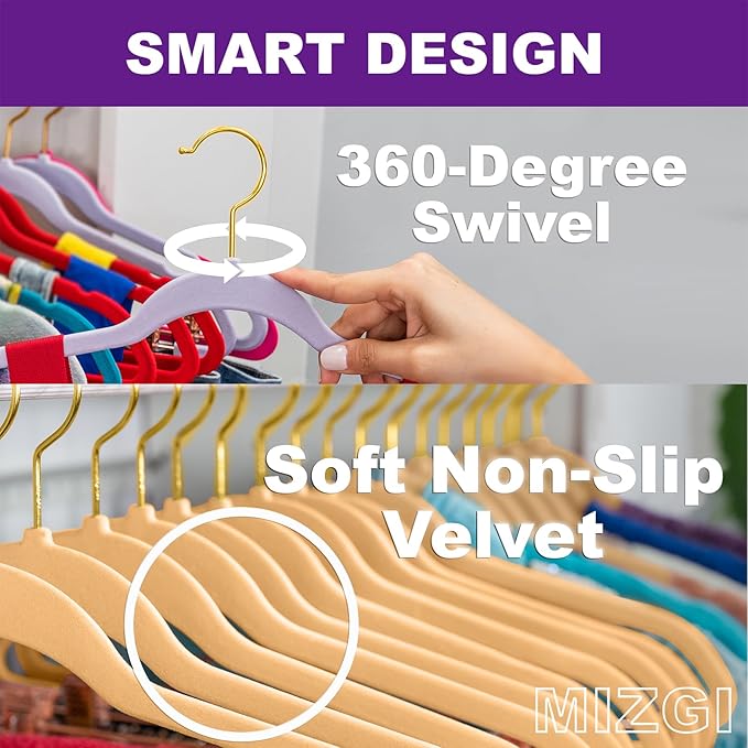 MIZGI Camel Velvet Hangers 60 Pack, Premium Gold Clothes Hangers Non-Slip Felt - Image 2