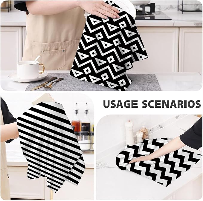 White Black Kitchen Towels Decorative Set of 4, Soft Absorbent Abstract Modern - Image 7