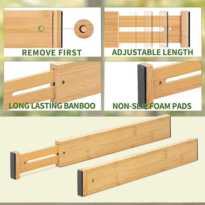 Bamboo Drawer Organizers 4 Pack, 17-22" Adjustable Spring Loaded Dividers - Image 3