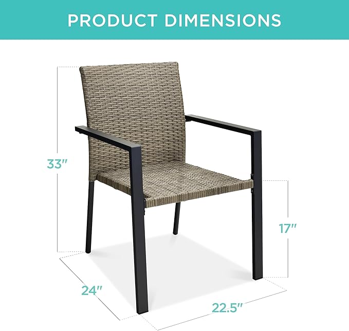 Best Choice Products Set of 2 Stackable Outdoor Wicker Dining Chairs All-Weather Firepit Armchair w/Armrests, Steel Frame for Patio, Deck, Garden, Yard - Taupe - Image 2