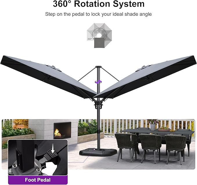 PURPLE LEAF 6.5' X 10' Right-left Tilt Patio Umbrella with Base Outdoor Cantilever Swivel Rectangle Umbrella Aluminum Offset Umbrella with 360-degree Rotation for Garden Deck Pool Patio Grey - Image 7