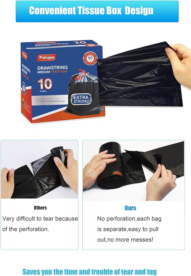 10 Gallon Drawstring Trash Bag Garbage Bag Trash Can Liner, 0.9 Mil - Image 4