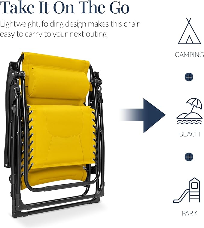 Best Choice Products Oversized Padded Zero Gravity Chair, Folding Outdoor Patio Recliner, XL Anti Gravity Lounger for Backyard w/Headrest, Cup Holder, Side Tray, Polyester Mesh - Yellow - Image 5
