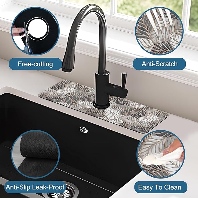 Embossed Leaf Texture Sink Splash Guard Grey Leaf Faucet Absorbing Mat Fast - Image 4
