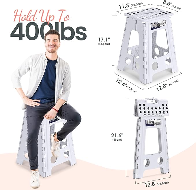 Delxo Folding Step Stool 17.5 Inch White Step Stools for Kids Foldable,Portable Collapsible Step Stool with Handle, Folding Stool for Kitchen Bathroom,Bedroom,Garden - Image 2