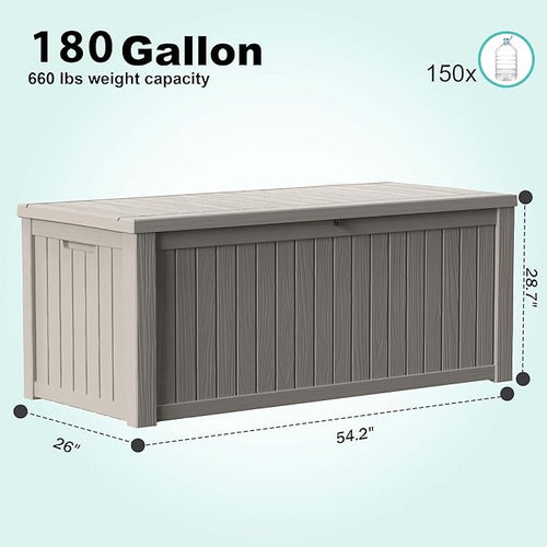 180 Gallon Outdoor Deck Box, Lockable Waterproof Outdoor Storage Boxes For Garden Tools,Indoor Cushions,Accessories Outside Storage Resin Weatherproof Container(Grey) - Image 2