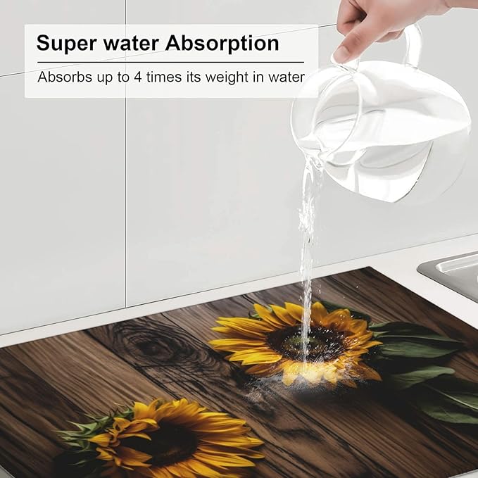 Sunflower Dish Drying Mat for Kitchen Counter Decor 18x24 Inch Floral Absorbent - Image 6