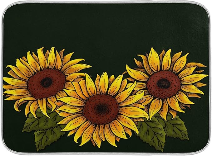 ALAZA Sunflower with Leaves On Dark Dish Drying Mat by ALAZA