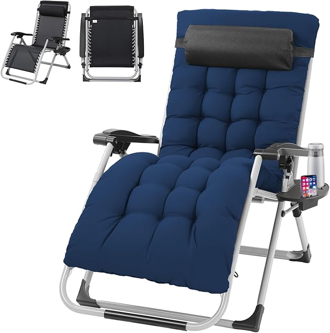 VINGLI 29" Padded Zero Gravity Chair, Lounge Chair with Removable Cushion & Tray， Folding Reclining Patio Chairs， Recliner Chair for Lawn，Indoor Outdoor-Blue by VINGLI