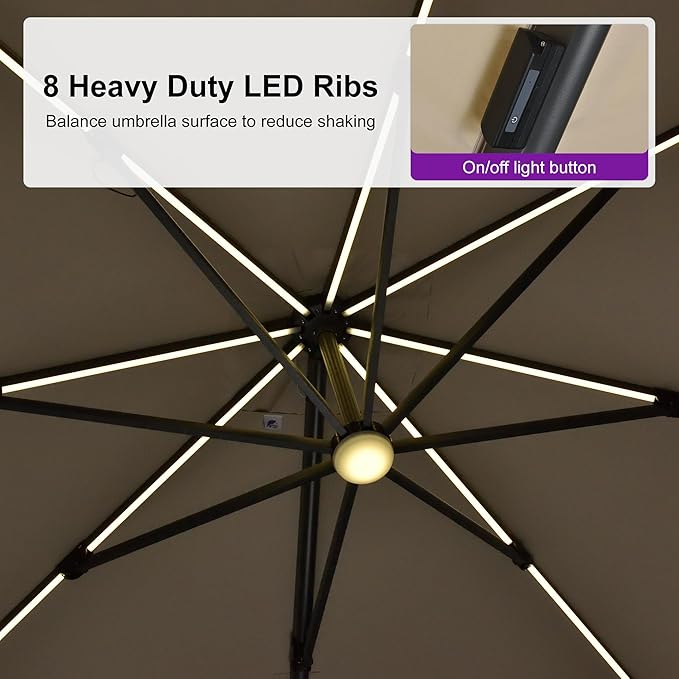 PURPLE LEAF 10 Feet Patio Umbrella with Base Outdoor Cantilever Solar Powered LED Swivel Square Umbrella Aluminum Offset Umbrella with 360-degree Rotation for Garden Deck Pool Patio, Beige - Image 5