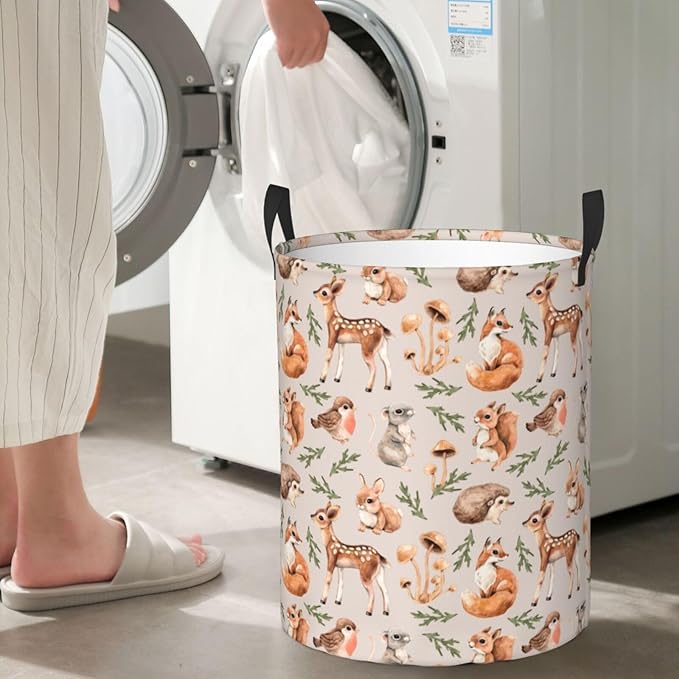 Forest Little Animal Laundry Hamper Bag, Deer Squirrel Hedgehog Fox Round - Image 6