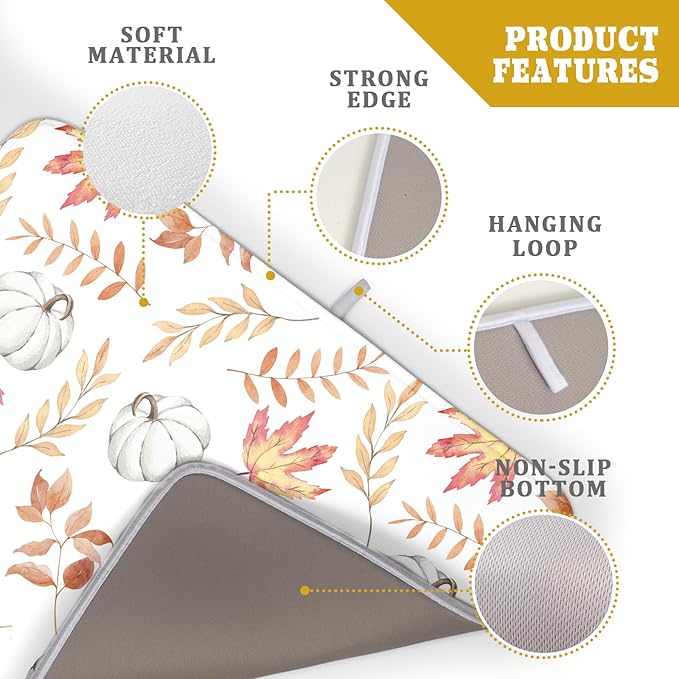 Fall Dish Drying Mat for Kitchen Counter Autumn White Pumpkins Maple Leaves - Image 4