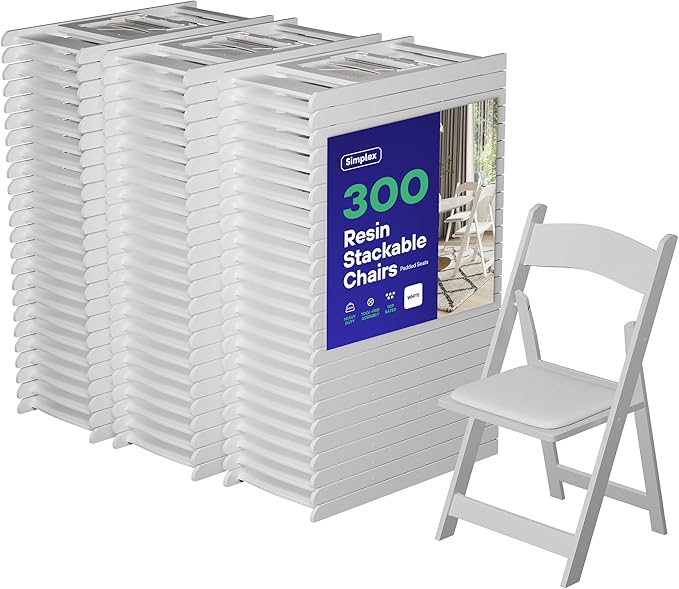 SIMPLEX 300 White Folding Chairs – Resin Stackable Foldable Chairs with Padded Seats – Comfortable White Folding Chairs for Indoor/Outdoor Events – Lightweight Resin Chairs (300 Pack) by Simplex