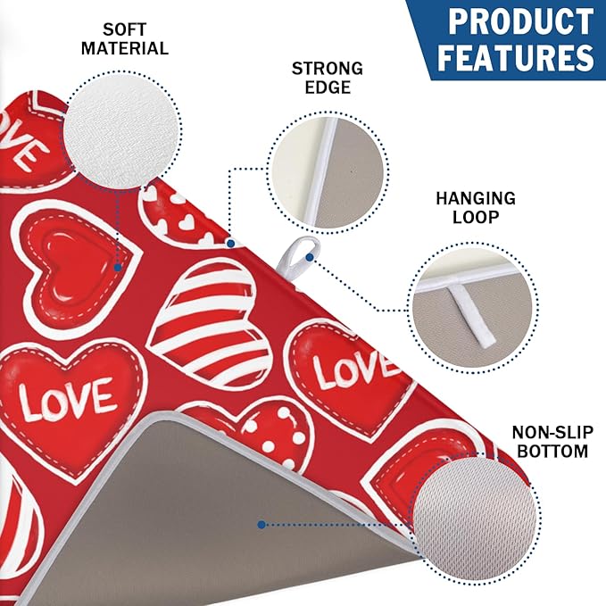 Valentines Day Dish Drying Mat for Kitchen Counter Red Polka Dot Stripe Love - Image 3