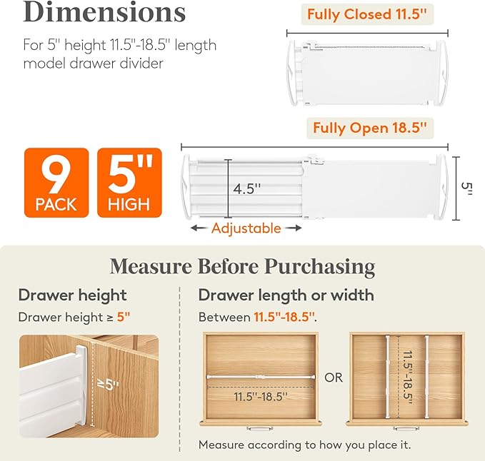 Lifewit 5" Tall 9 Pack Drawer Dividers, 30-47cm/11.5-18.5" Expandable Drawer - Image 2