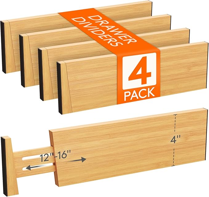 Lifewit 4" High 4 Pack Bamboo Drawer Dividers 31-40cm/12-16 Adjustable Wooden by Lifewit
