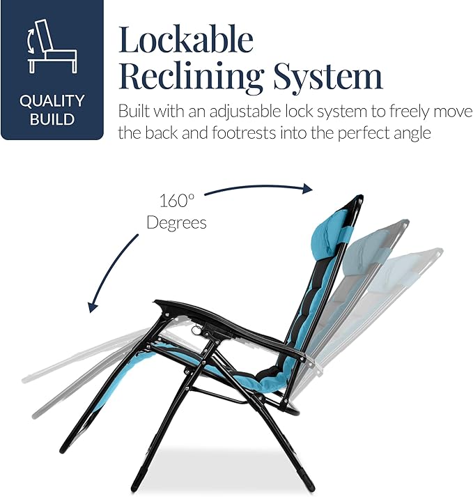 Best Choice Products Oversized Padded Zero Gravity Chair, Folding Outdoor Patio Recliner, XL Anti Gravity Lounger for Backyard w/Headrest, Cup Holder, Side Tray, Polyester Mesh - Light Blue/Black - Image 8