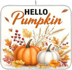 Hello Pumpkin Dish Drying Mat for Kitchen Countertop 16x18 Fall Harvest Leaves by Wamika