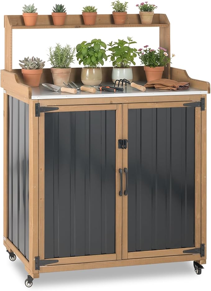 Potting Bench Table & Outdoor Storage Cabinet with Lockable Wheels, Adjustable Shelves, Mobile Waterproof Metal Top Workstation for Garden Patio BBQ Organization, Magnetic Latch & Edge Guard by PETSCOSSET