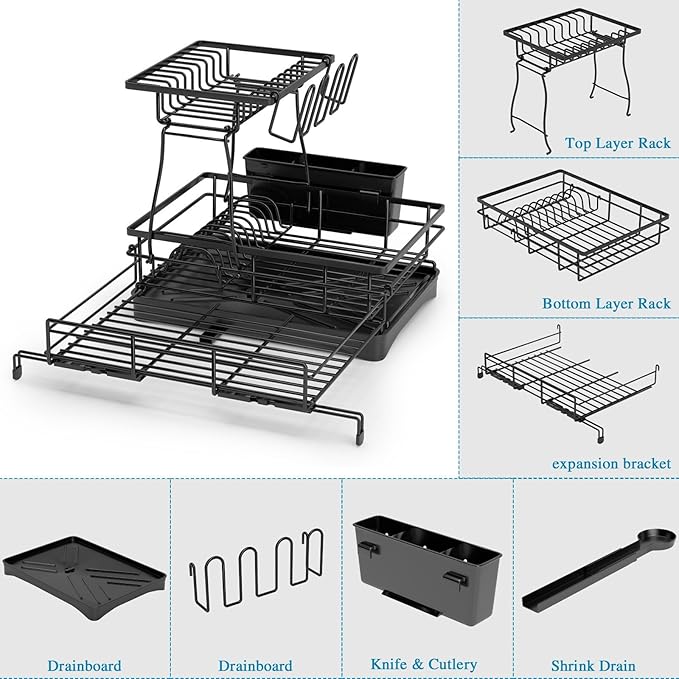 2 Tier Dish Drying Rack, Large Extendable Dish Racks - Image 9