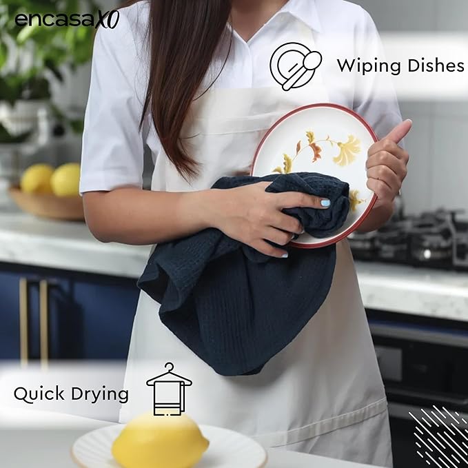 Encasa XO Kitchen Dish Towels Set | Navy Blue | Waffle Weave and Flat Hand Tea - Image 4