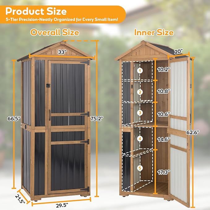 Outdoor Storage Cabinet, Wood & Metal Garden Shed with Waterproof Asphalt Roof, Patio Organizer with 3 Fixed Shelves & Removable Shelf for Long Tools, Lockable Magnetic Doors for Backyard Garage Pool - Image 2