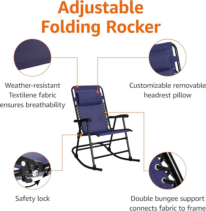 Amazon Basics Outdoor Portable Folding Rocking Chair with Headrest, Ergonomic Design, Weather-resistant Textilene Fabric for Porch, Blue - Image 4