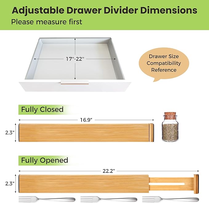 Drawer Divider, Adjustable Bamboo Kitchen Drawer Organizer, Spring Loaded - Image 2