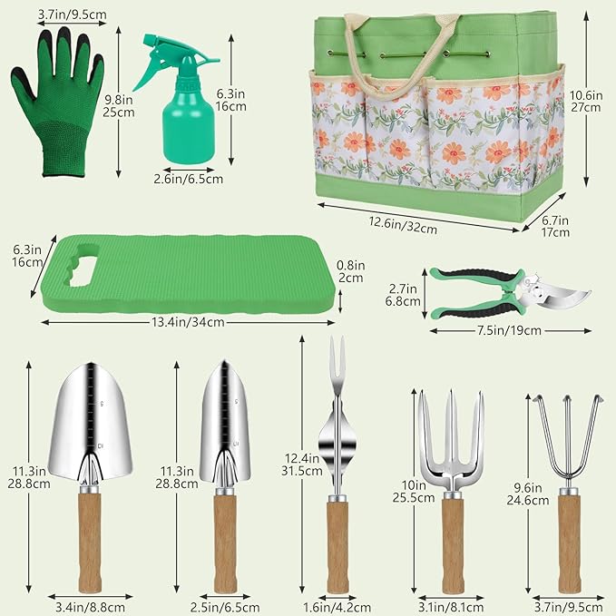 Gardening Tools 10-Piece Heavy Duty Stainless Steel Hand Tools with Durable Garden Tools Storage Tote,Rust-Proof Garden Tool Set, Ideal Gardening Gifts for Women Yellow Floral Pattern Design - Image 6