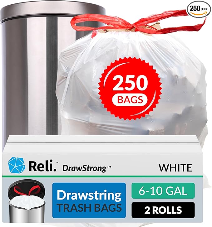 6-10 Gallon Trash Bags Drawstring | 250 Count | 22"x23" | 6, 10 Gallon by Reli