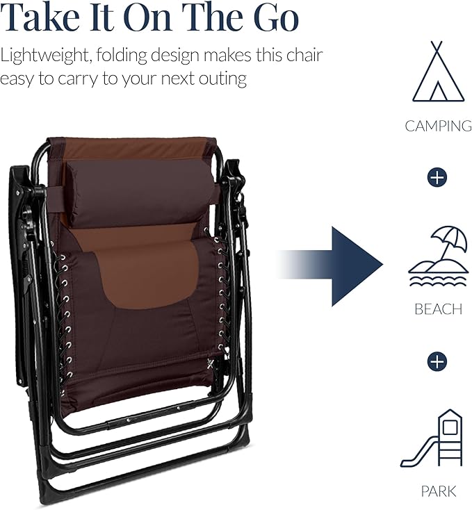Best Choice Products Oversized Padded Zero Gravity Chair, Folding Outdoor Patio Recliner, XL Anti Gravity Lounger for Backyard w/Headrest, Cup Holder, Side Tray, Polyester Mesh - Espresso/Brown - Image 5