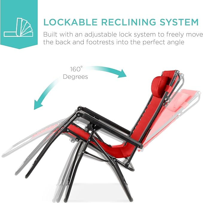 Best Choice Products Folding Zero Gravity Outdoor Recliner Patio Lounge Chair w/Adjustable Canopy Shade, Headrest, Side Accessory Tray, Textilene Mesh - Crimson Red - Image 4