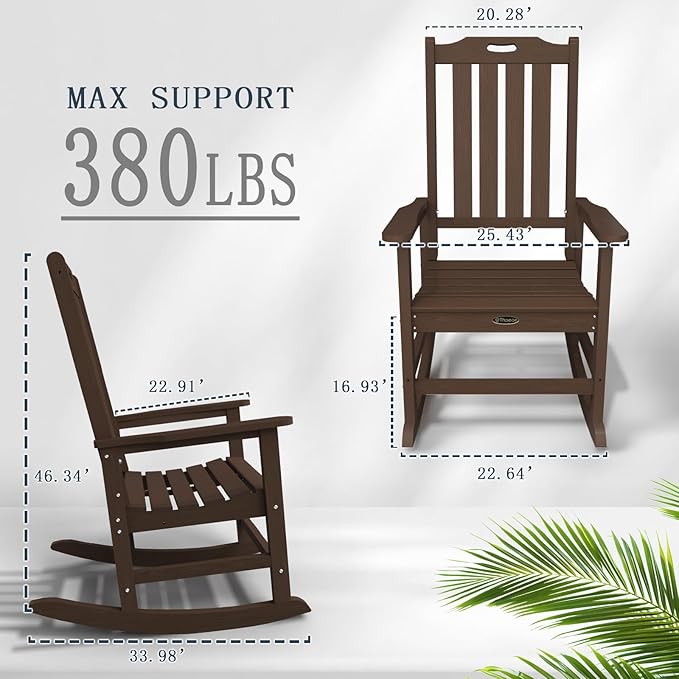 Oversized Rocking Chair Set of 8, Outdoor Rocking Chair for Adults, All Weather Resistant Porch Rocker for Lawn Garden, Brown - Image 3