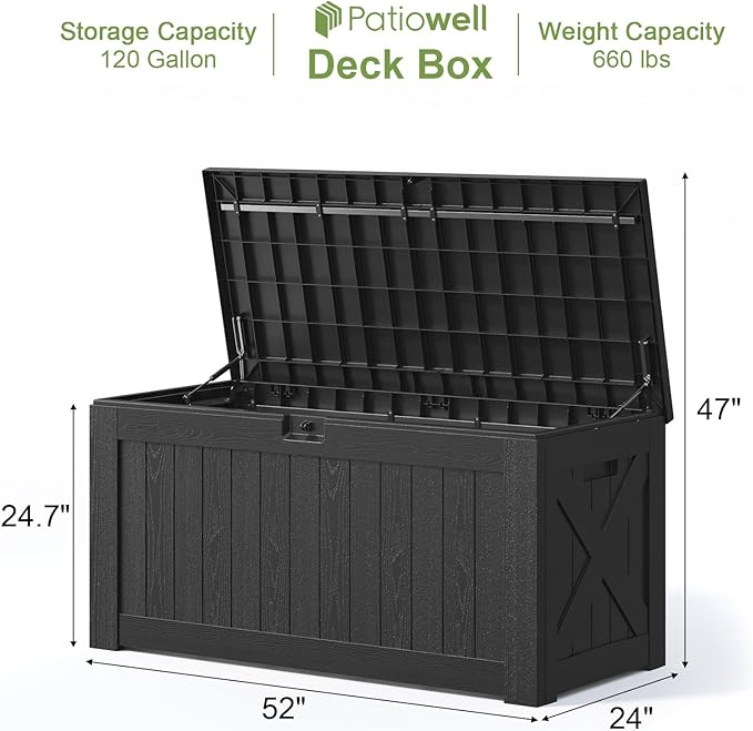 Patiowell 120 Gallon Large Deck Box, Outdoor Lockable Storage Box for Gardening Tools, Waterproof Deck Box for Patio Furniture, Black - Image 6