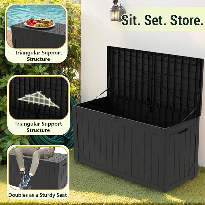 TARKARI 100 Gallon Lockable Resin Deck Box, Waterproof & UV-Resistant Outdoor Storage Box for Outdoor Cushion Storage, Garden Tools & Pool Accessories Storage, Black - Image 5