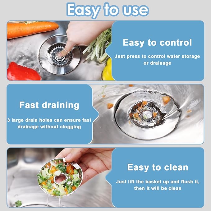 Semour 3 in 1 Kitchen Sink Drain Strainer, 304 Stainless Steel Kitchen Sink - Image 3